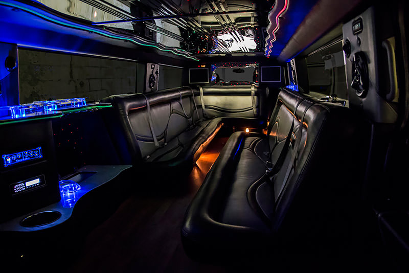 LED lights and stereo system inside the limo