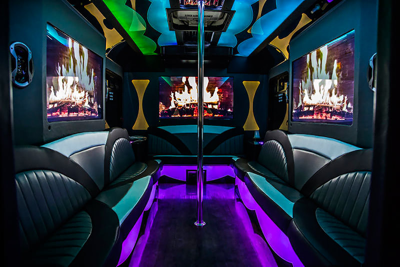 bright, colorful party bus interior